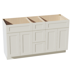 TW-VSD60DOUBLEE: Creamy White Shaker 60"W x 34-1/2"H x 21"D 4 Doors, 3 Drawers & 2 False Drawers Double Sink Vanity Base Combo Cabinets