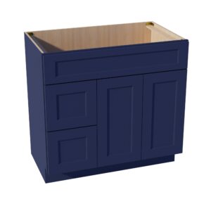 HB-VSD3621L: Indigo Blue Shaker 36"W x 34-1/2"H x 21"D 2 Doors & 2 Left Drawers Offset Vanity Sink Base Cabinets