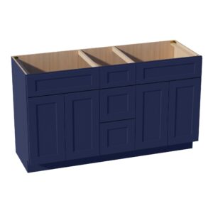 HB-VSD60DOUBLEE: Indigo Blue Shaker 60"W x 34-1/2"H x 21"D 4 Doors, 3 Drawers & 2 False Drawers Double Sink Vanity Base Combo Cabinets