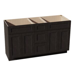 HG-VSD60DOUBLEE: Dark Gray Shaker 60"W x 34-1/2"H x 21"D 4 Doors, 3 Drawers & 2 False Drawers Double Sink Vanity Base Combo Cabinets